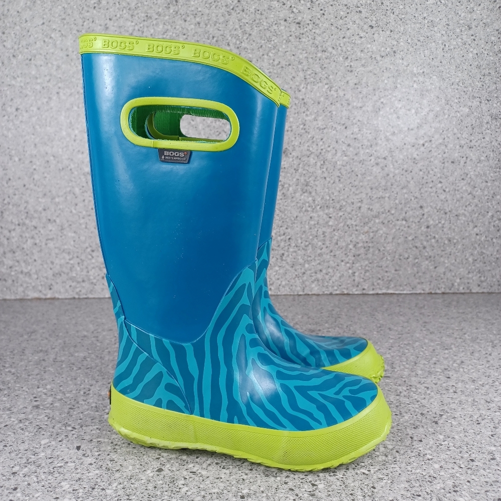 BOGS Blue Green Zebra Tall Rainboot Kids Waterproof Shoes Size 12
